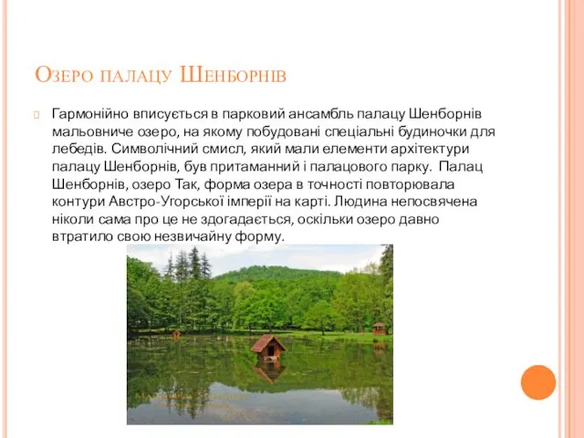 Озеро палацу Шенборнів Гармонійно вписується в парковий ансамбль палацу Шенборнів