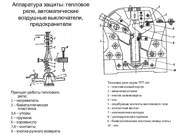 Аппаратура защиты: тепловое реле, автоматические воздушные выключатели, предохранители Принцип работы