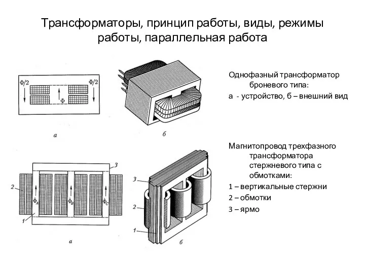 Трансформаторы, принцип работы, виды, режимы работы, параллельная работа Однофазный трансформатор