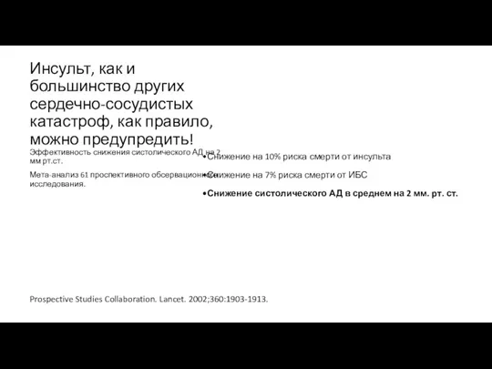 Снижение на 10% риска смерти от инсульта Снижение на 7%