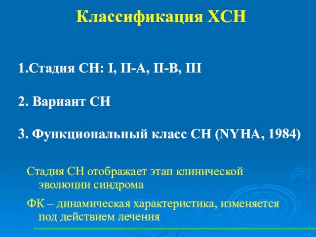 Классификация ХСН Стадия СН отображает этап клинической эволюции синдрома ФК