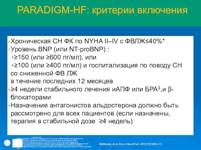 PARADIGM-HF: критерии включения *Критерий снижения ФВЛЖ был снижен ≤35% в