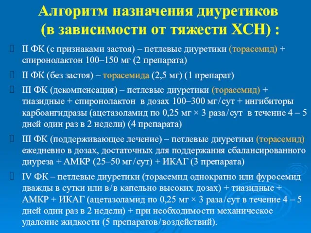 Алгоритм назначения диуретиков (в зависимости от тяжести ХСН) : II