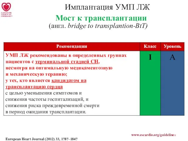 Имплантация УМП ЛЖ Мост к трансплантации (англ. bridge to transplantion-BtT)
