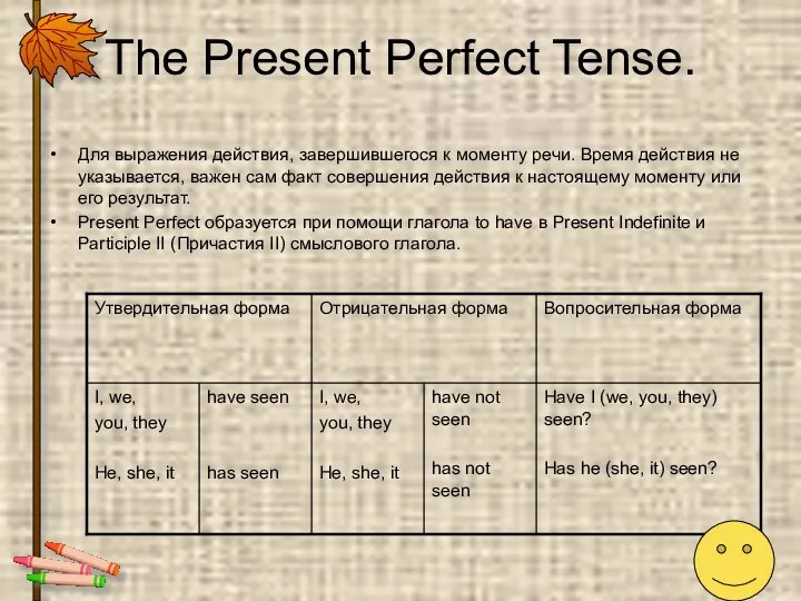 The Present Perfect Tense. Для выражения действия, завершившегося к моменту