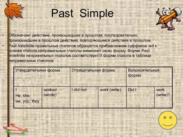 Past Simple Обозначает действие, произошедшее в прошлом; последовательно произошедшие в