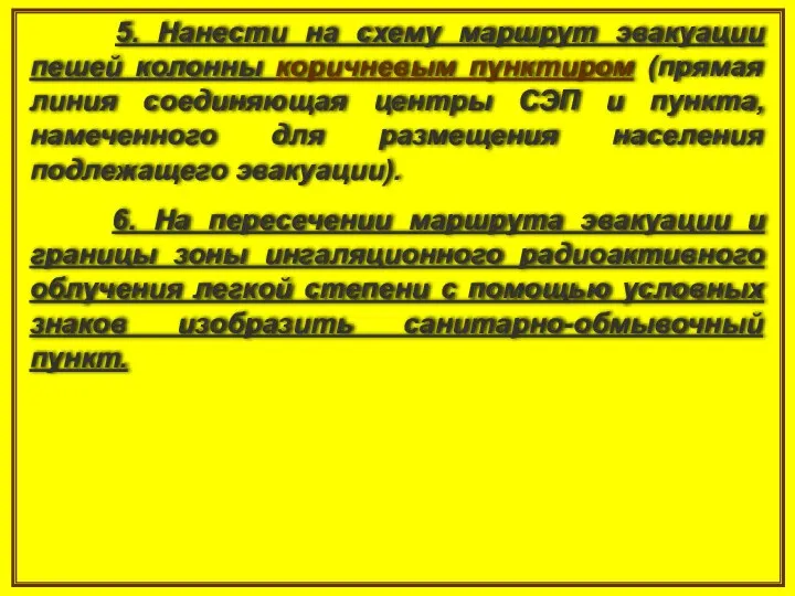 5. Нанести на схему маршрут эвакуации пешей колонны коричневым пунктиром