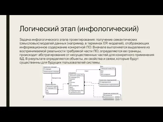 Логический этап (инфологический) Задача инфологического этапа проектирования: получение семантических (смысловых)