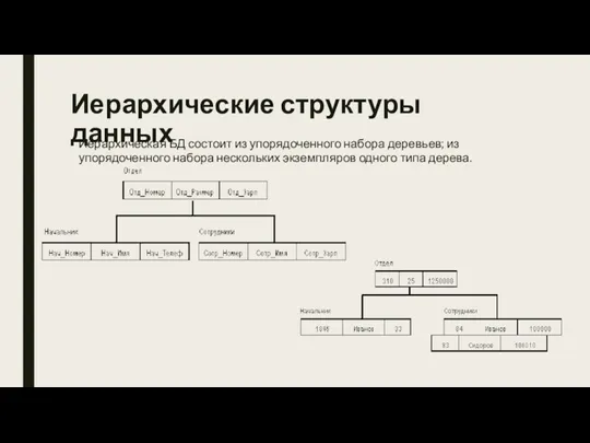 Иерархические структуры данных Иерархическая БД состоит из упорядоченного набора деревьев; из упорядоченного набора