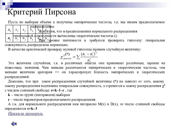 Критерий Пирсона Пусть по выборке объема n получены эмпирические частоты,