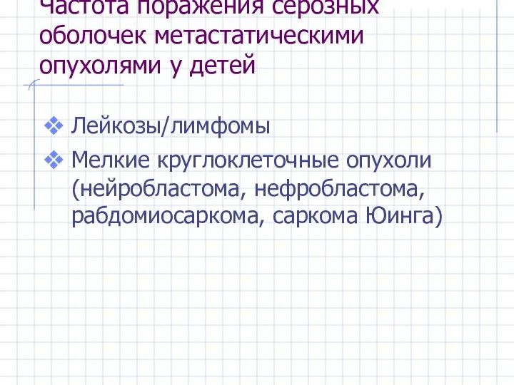 Частота поражения серозных оболочек метастатическими опухолями у детей Лейкозы/лимфомы Мелкие