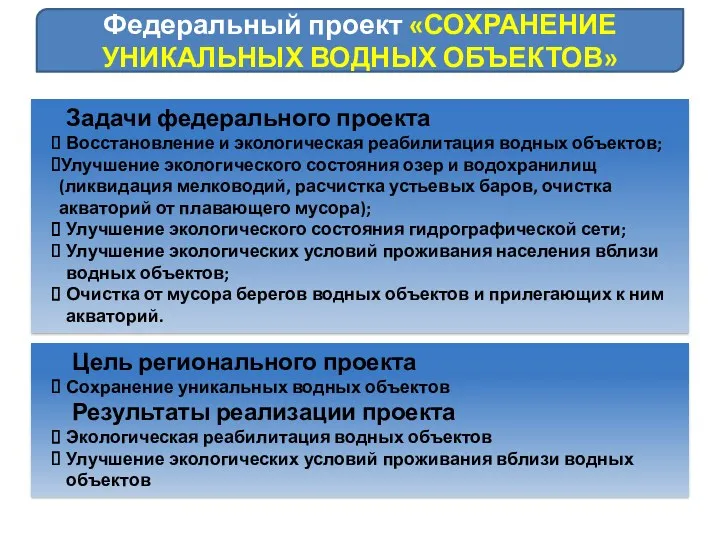 Федеральный проект «СОХРАНЕНИЕ УНИКАЛЬНЫХ ВОДНЫХ ОБЪЕКТОВ» Цель регионального проекта Сохранение