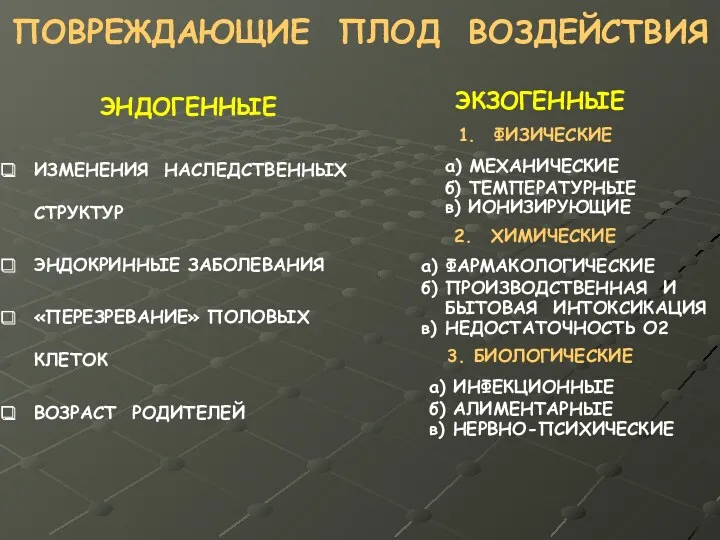 ПОВРЕЖДАЮЩИЕ ПЛОД ВОЗДЕЙСТВИЯ ЭНДОГЕННЫЕ ИЗМЕНЕНИЯ НАСЛЕДСТВЕННЫХ CТРУКТУР ЭНДОКРИННЫЕ ЗАБОЛЕВАНИЯ «ПЕРЕЗРЕВАНИЕ»