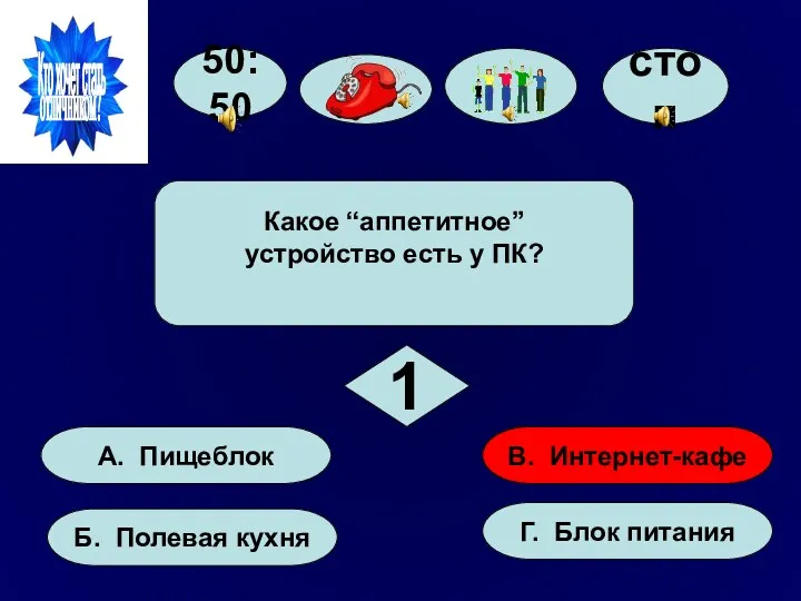 50:50 А. Пищеблок Б. Полевая кухня Г. Блок питания В.