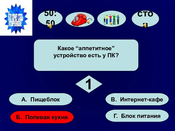 50:50 А. Пищеблок Б. Полевая кухня Г. Блок питания В.