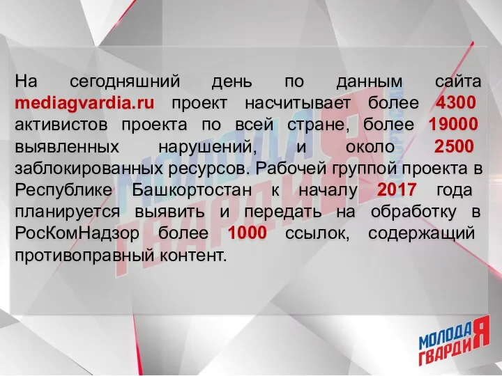 На сегодняшний день по данным сайта mediagvardia.ru проект насчитывает более