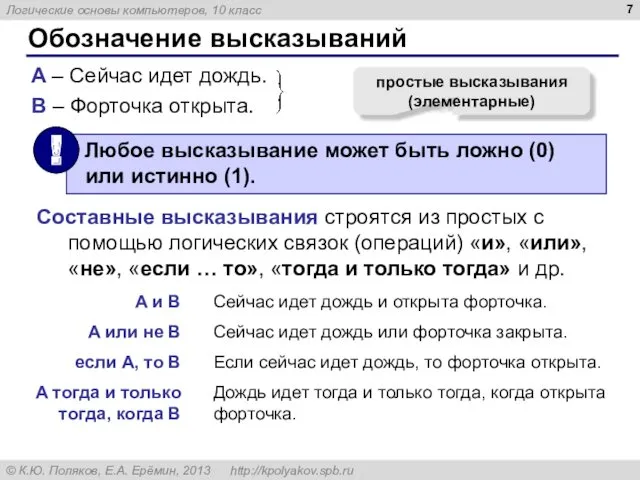 Обозначение высказываний A – Сейчас идет дождь. B – Форточка открыта. простые высказывания