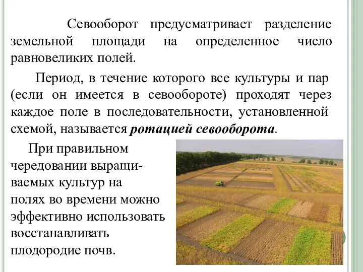 Севооборот предусматривает разделение земельной площади на определенное число равновеликих полей. Период, в течение