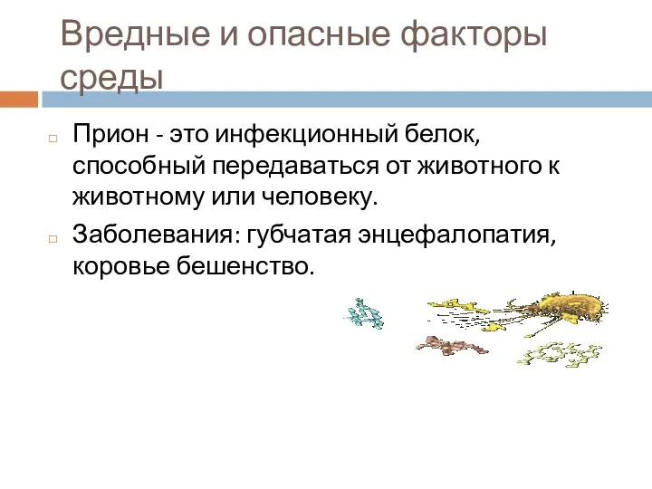 Вредные и опасные факторы среды Прион - это инфекционный белок, способный передаваться от