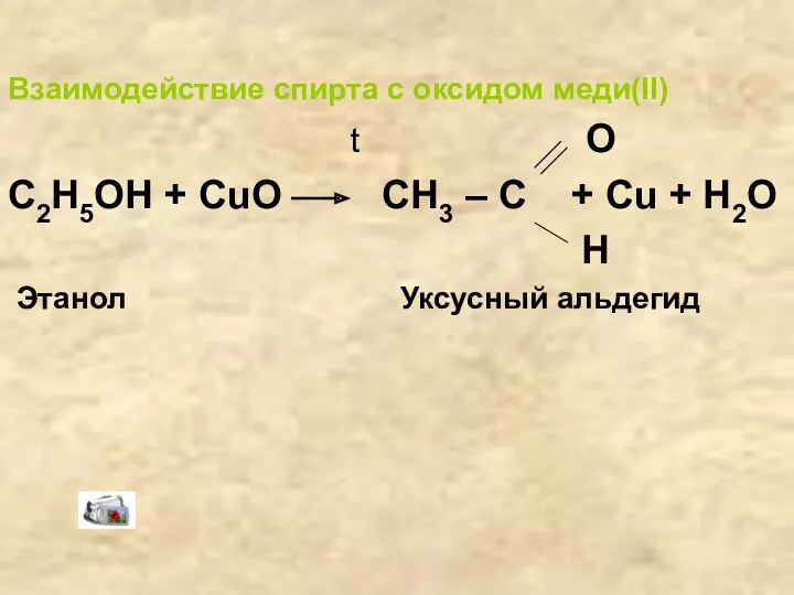 Взаимодействие спирта с оксидом меди(II) t O C2H5OH + CuO