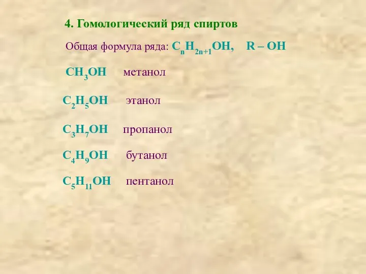 4. Гомологический ряд спиртов Общая формула ряда: СnH2n+1OH, R –