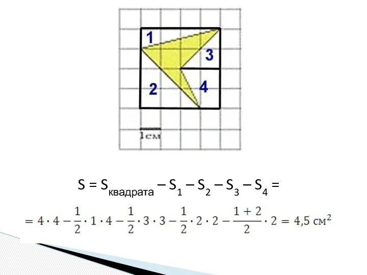 S = Sквадрата – S1 – S2 – S3 – S4 =
