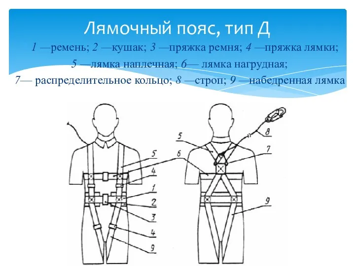 1 —ремень; 2 —кушак; 3 —пряжка ремня; 4 —пряжка лямки; 5 —лямка наплечная;