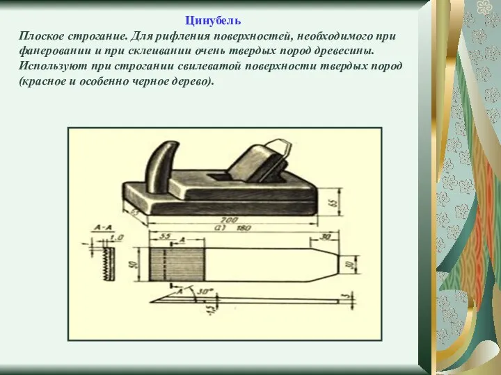 Цинубель Плоское строгание. Для рифления поверхностей, необходимого при фанеровании и при склеивании очень