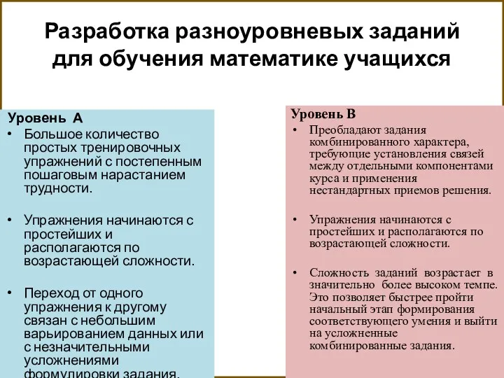 Разработка разноуровневых заданий для обучения математике учащихся Уровень А Большое