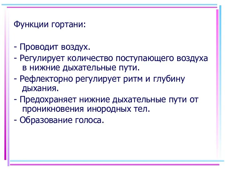 Функции гортани: - Проводит воздух. - Регулирует количество поступающего воздуха в нижние дыхательные