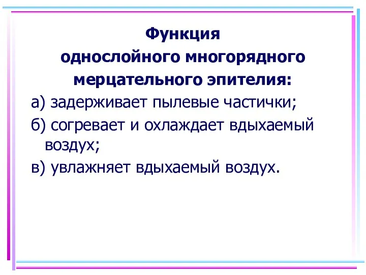 Функция однослойного многорядного мерцательного эпителия: а) задерживает пылевые частички; б) согревает и охлаждает