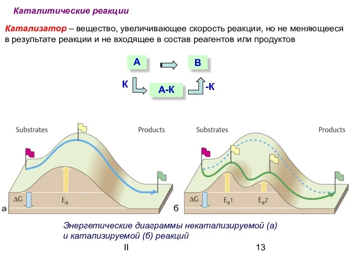 II Энергетические диаграммы некатализируемой (а) и катализируемой (б) реакций Катализатор