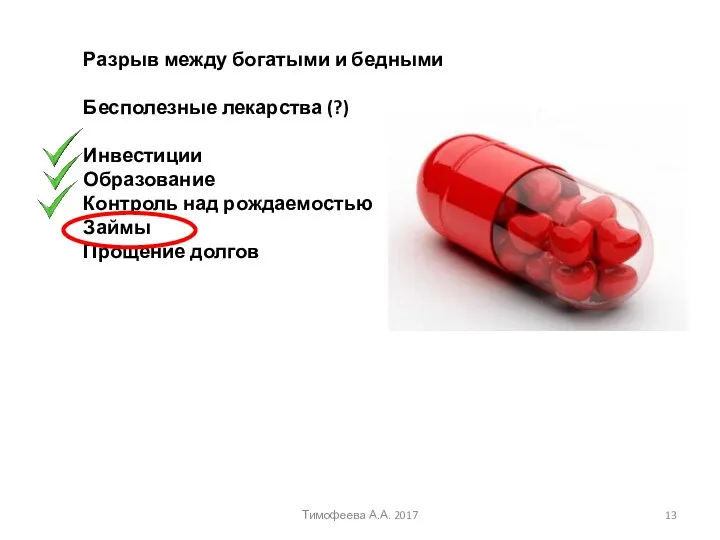 Разрыв между богатыми и бедными Бесполезные лекарства (?) Инвестиции Образование