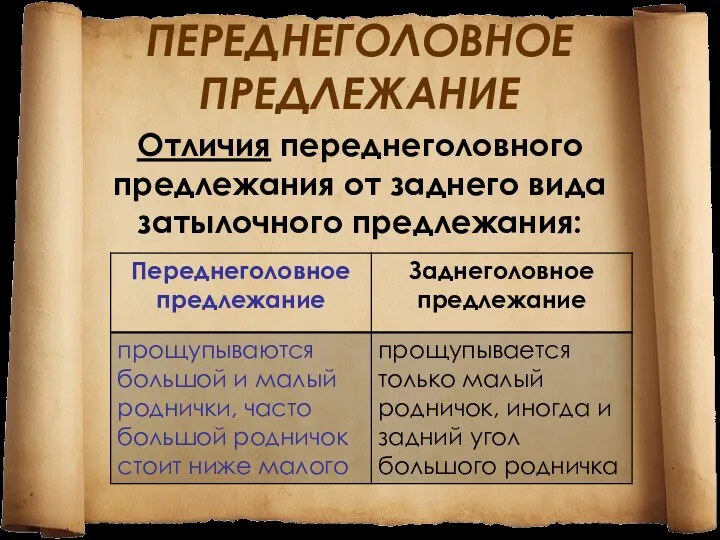 Отличия переднеголовного предлежания от заднего вида затылочного предлежания: ПЕРЕДНЕГОЛОВНОЕ ПРЕДЛЕЖАНИЕ