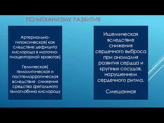 ПО МЕХАНИЗМУ РАЗВИТИЯ Артериально- гипоксическая( как следствие дефицита кислорода в