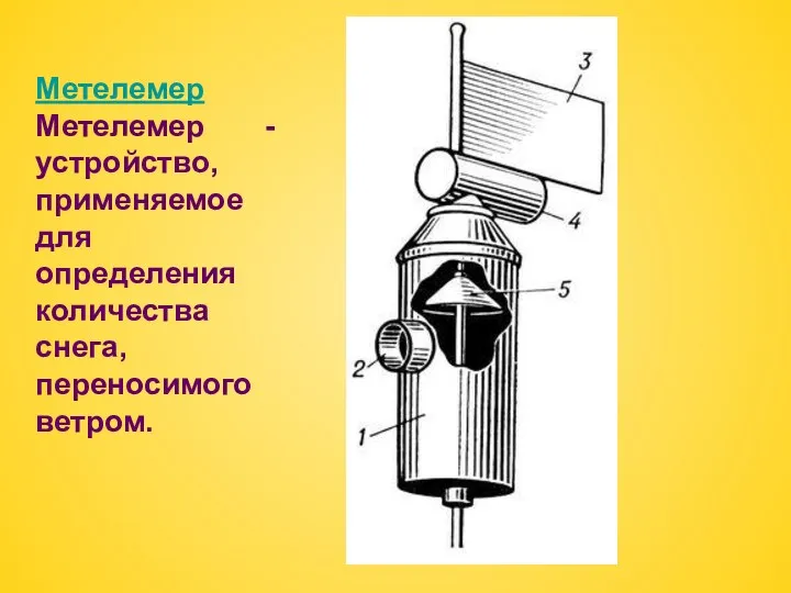 Метелемер Метелемер - устройство, применяемое для определения количества снега, переносимого ветром.