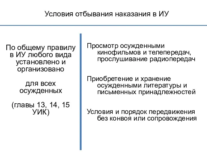 Условия отбывания наказания в ИУ По общему правилу в ИУ