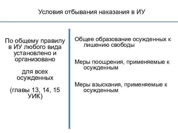 Условия отбывания наказания в ИУ По общему правилу в ИУ