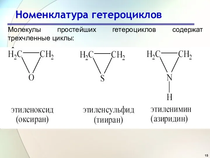 Номенклатура гетероциклов Молекулы простейших гетероциклов содержат трехчленные циклы: