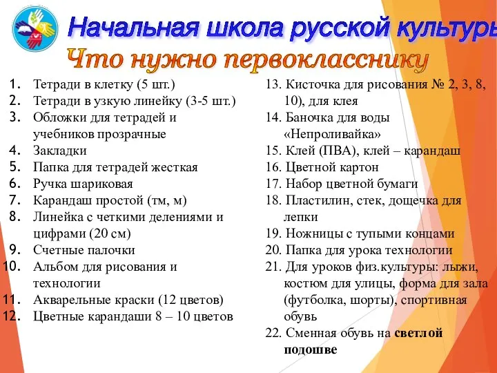 Начальная школа русской культуры Что нужно первокласснику Тетради в клетку