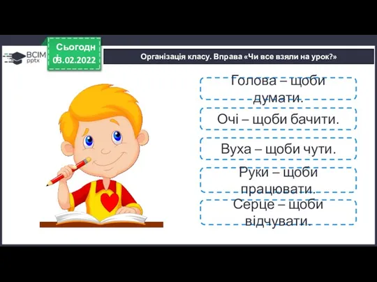 03.02.2022 Сьогодні Організація класу. Вправа «Чи все взяли на урок?» Голова – щоби