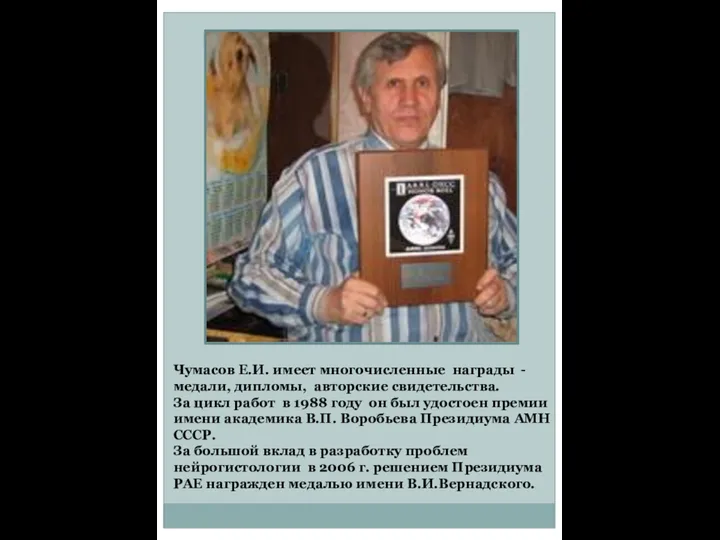 Чумасов Е.И. имеет многочисленные награды - медали, дипломы, авторские свидетельства.