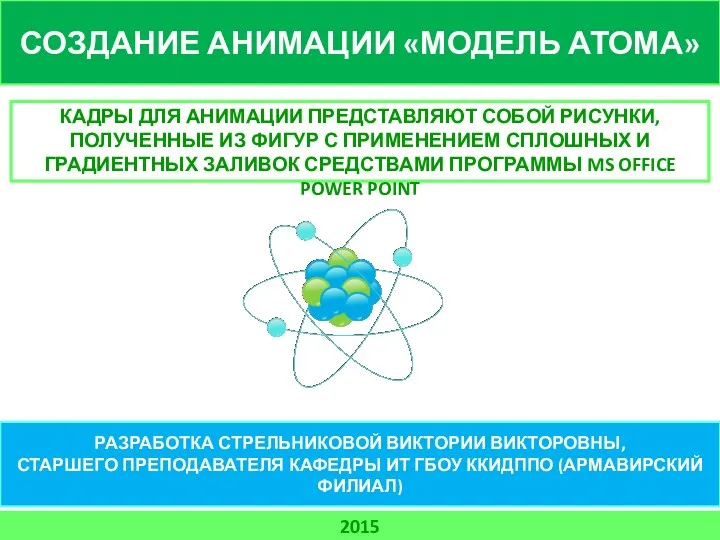 СОЗДАНИЕ АНИМАЦИИ «МОДЕЛЬ АТОМА» 2015 РАЗРАБОТКА СТРЕЛЬНИКОВОЙ ВИКТОРИИ ВИКТОРОВНЫ, СТАРШЕГО