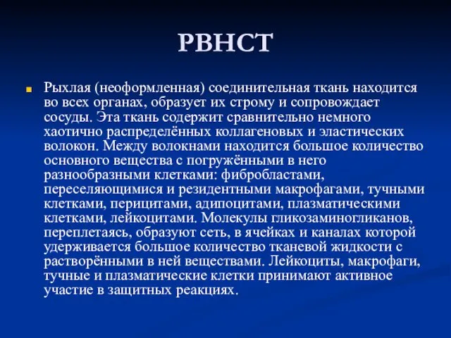 РВНСТ Рыхлая (неоформленная) соединительная ткань находится во всех органах, образует