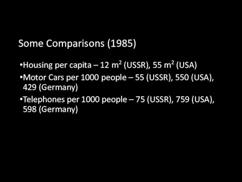 Some Comparisons (1985) Housing per capita – 12 m2 (USSR),