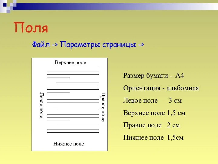 Поля Размер бумаги – А4 Ориентация - альбомная Левое поле