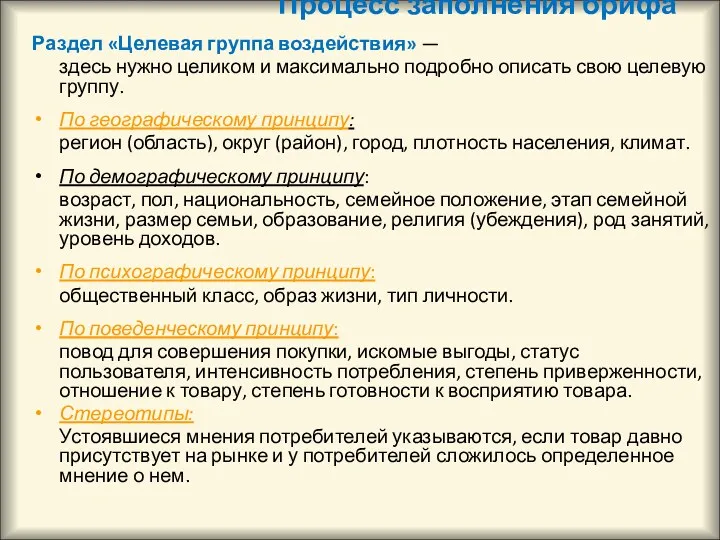 Процесс заполнения брифа Раздел «Целевая группа воздействия» — здесь нужно