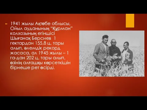 1941 жылы Ақтөбе облысы, Ойыл ауданының “Құрман” колхозының егіншісі Шығанақ
