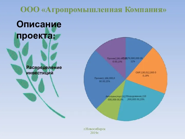 ООО «Агропромышленная Компания» г.Новосибирск 2019г. Описание проекта: Распределение инвестиций
