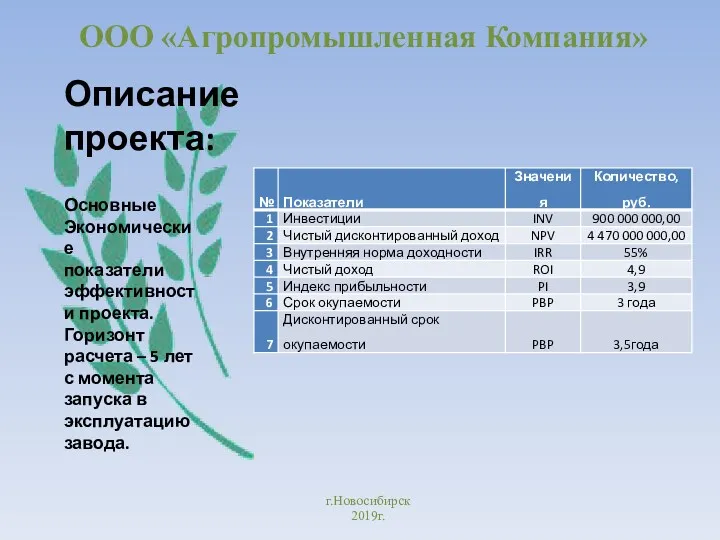 ООО «Агропромышленная Компания» г.Новосибирск 2019г. Описание проекта: Основные Экономические показатели